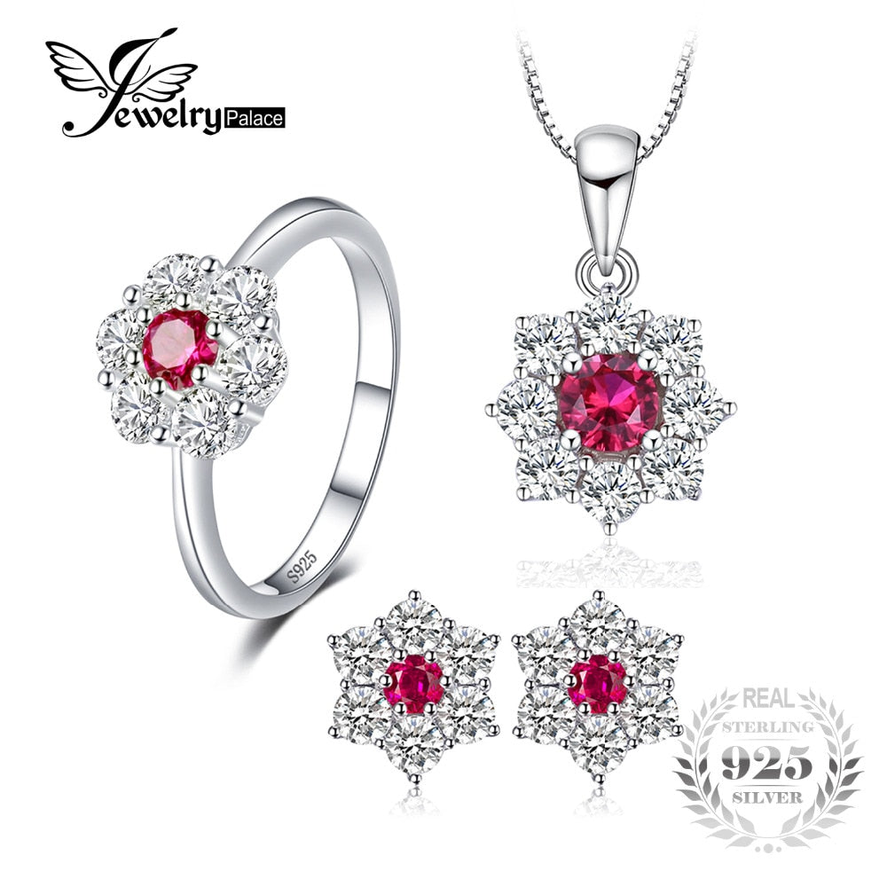 Flower 3.1ct Created Ruby Halo Ring Stud Earrings Pendant Necklace Jewelry Sets 925 Sterling Silver 45cm Box Chain