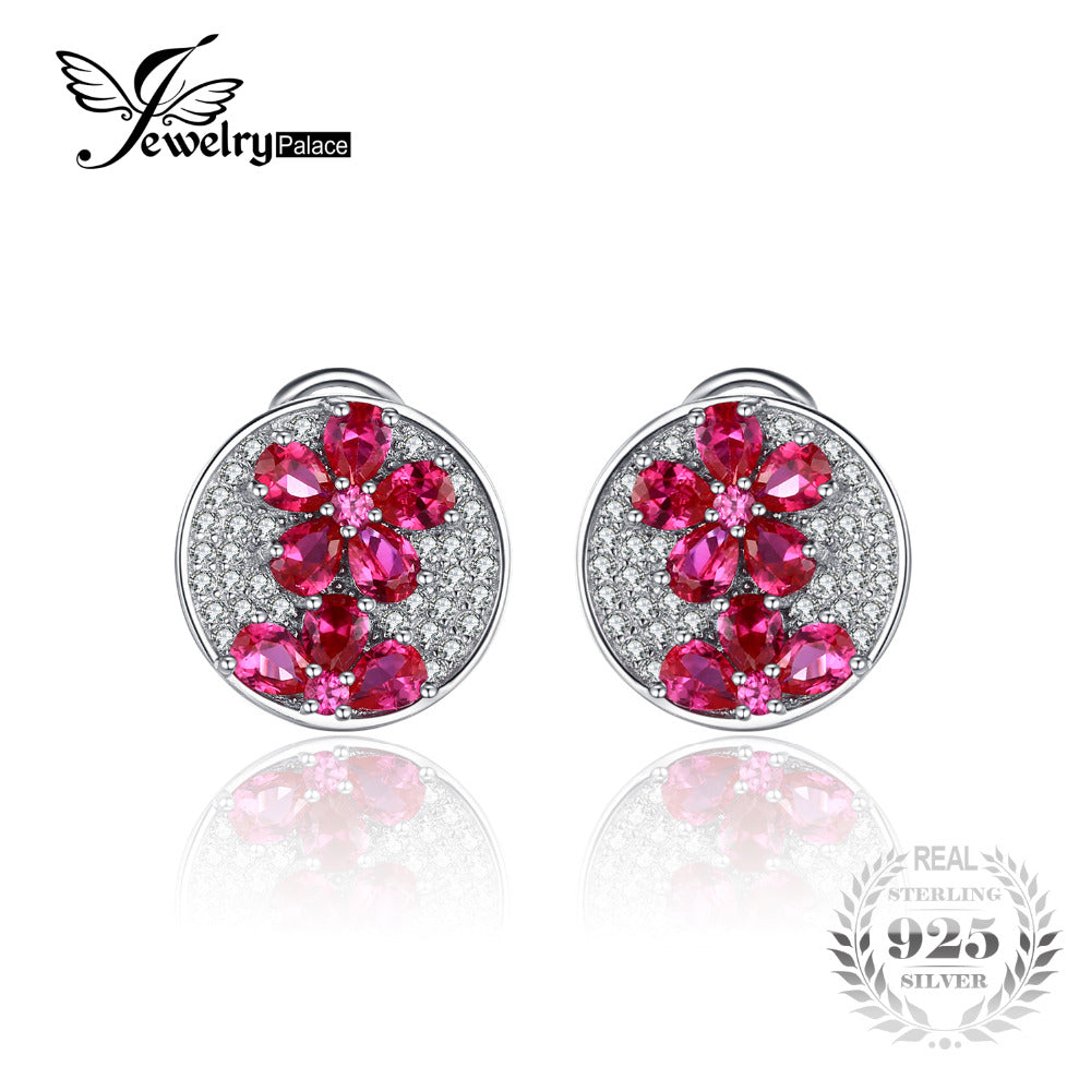 Flower 4ct Pigeon Blood Red Ruby Earrings Clip Solid 925 Sterling Silver Fashion Wedding Brand Jewelry For Women