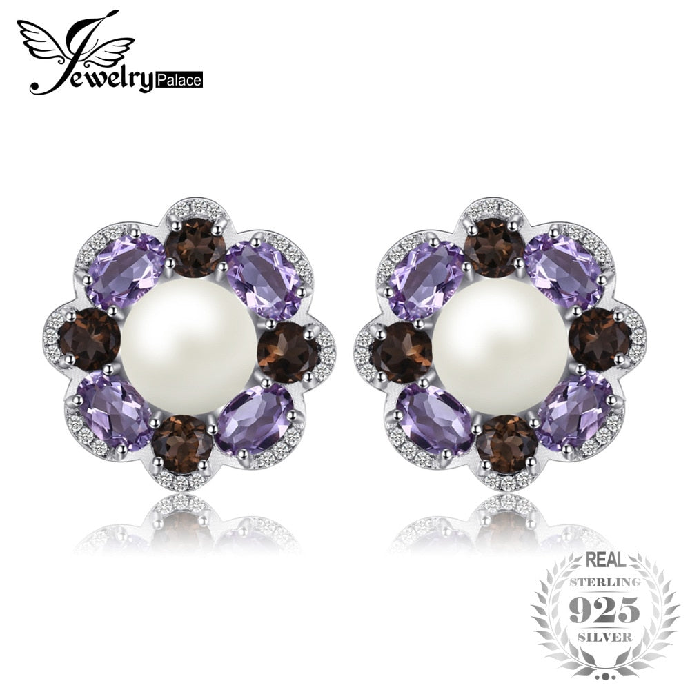 Flower 6mm Cultured Pearl 2.1ct Natural Smoky Quartz Amethyst Cluster Clip Earrings 925 Sterling Silver Jewelry