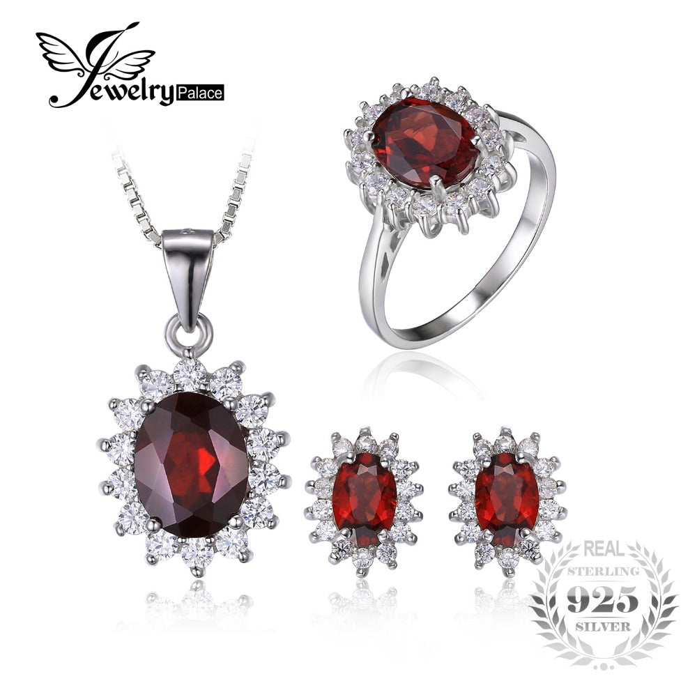 Garnet Ring Pendant Earring and a Gift Chain Diana Jewelry Set Pure 925 Sterling Silver Crystal Jewelry for Women