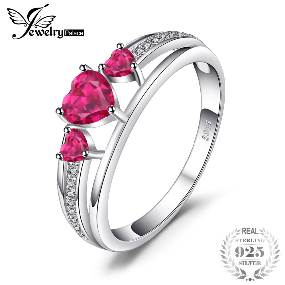 Love Heart 0.9ct Created Red Ruby 3 Stones Anniversary Promise Ring Charm 925 Sterling Silver Rings For Women Gift