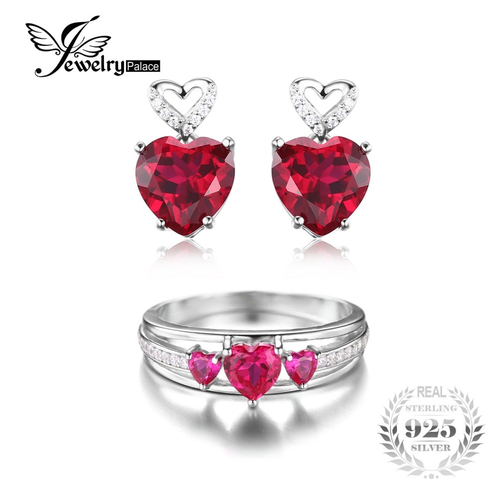 Love Heart 8.1ct Created Red Ruby Drop Dangle Earrings 3 Stones Anniversary Promise Ring 925 Sterling Silver