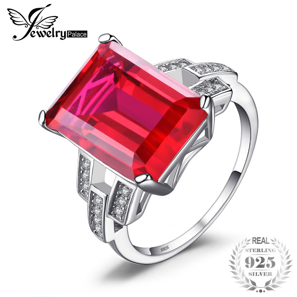 Luxury Emerald Cut 9.2ct Created Red Ruby Cocktail Ring 925 Sterling Silver Jewelry for Women Fashion Ring