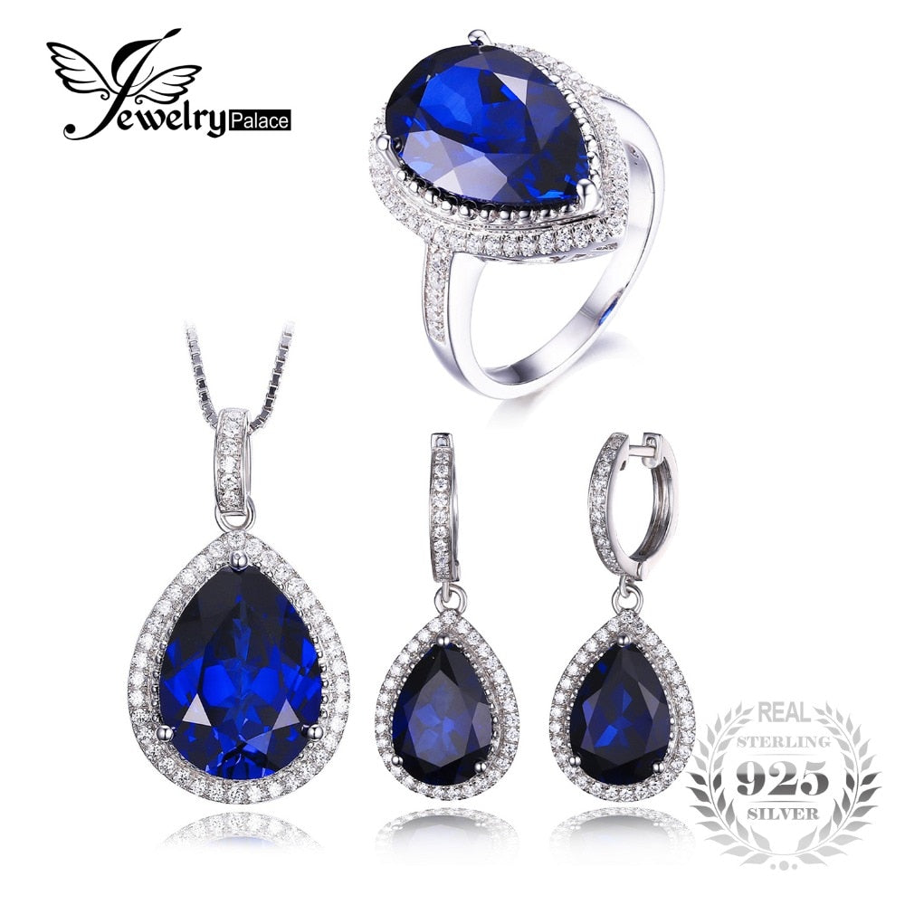 Luxury Pear Cut Created Sapphire Ring Pendant Necklace Earring Clip Jewelry Set Solid 925 Sterling Silver Jewelry