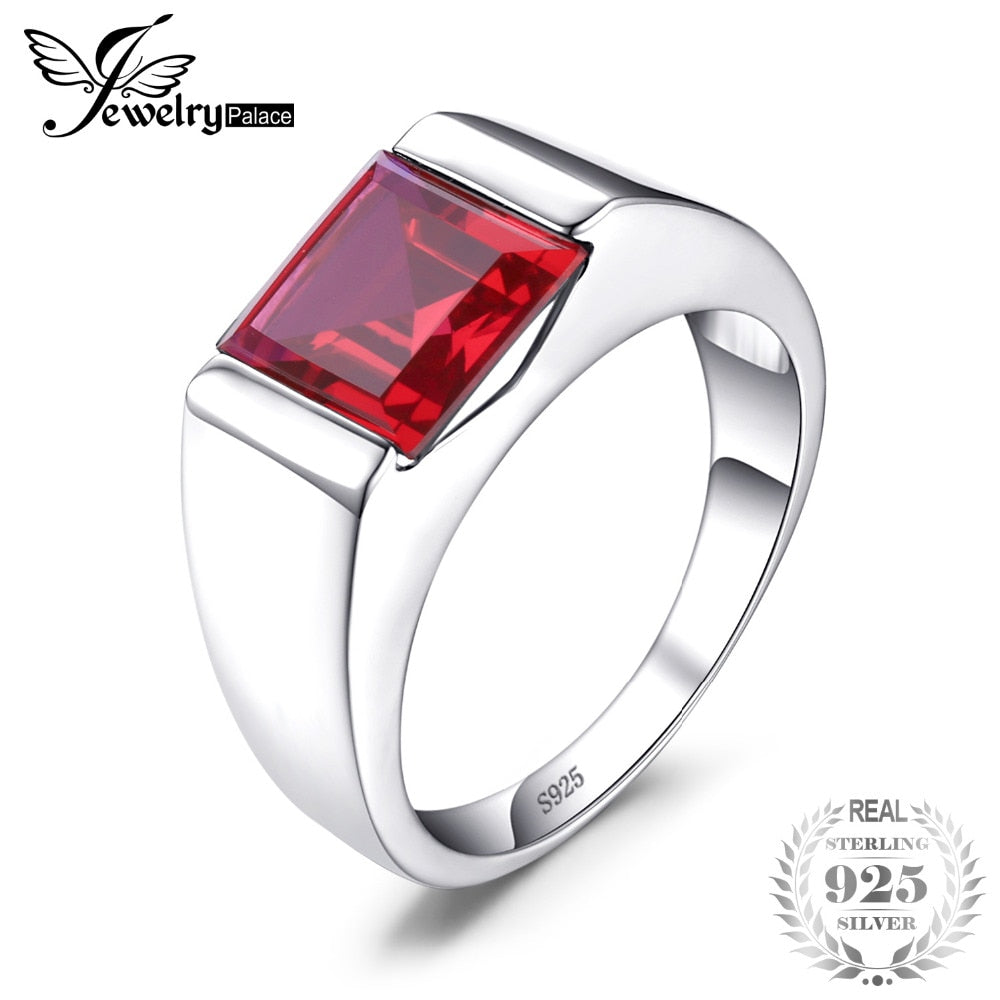 Men's Square 3.3ct Created Red Ruby Genuine 925 Sterling Sliver Engagement Ring For Men Jewelry Brand New Fashion