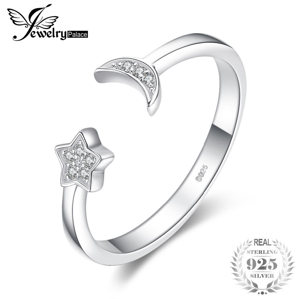 Moon Star CZ Pave Cubic Zirconia Adjustable Open 925 Sterling Silver Ring 2020 New Hot As Gifts For Woman
