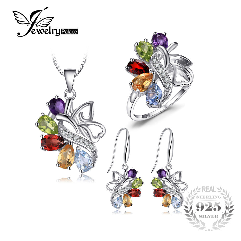 Natural Amethyst Garnet Peridot Citrine Blue Topaz Gemstone Jewelry Set Solid 925 Sterling Sliver Fine Jewelry
