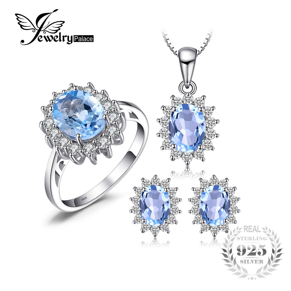 Natural Topaz Ring Earring Pendant and a Gift Chain Diana Jewelry Set Solid 925 Sterling Silver Jewelry Set