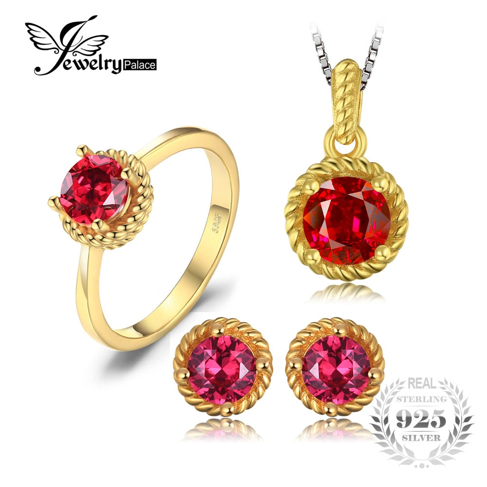 New Created Ruby Solitaire Ring Stud Earrings Pendant Necklace Jewelry Sets 925 Sterling Silver Gold Plated