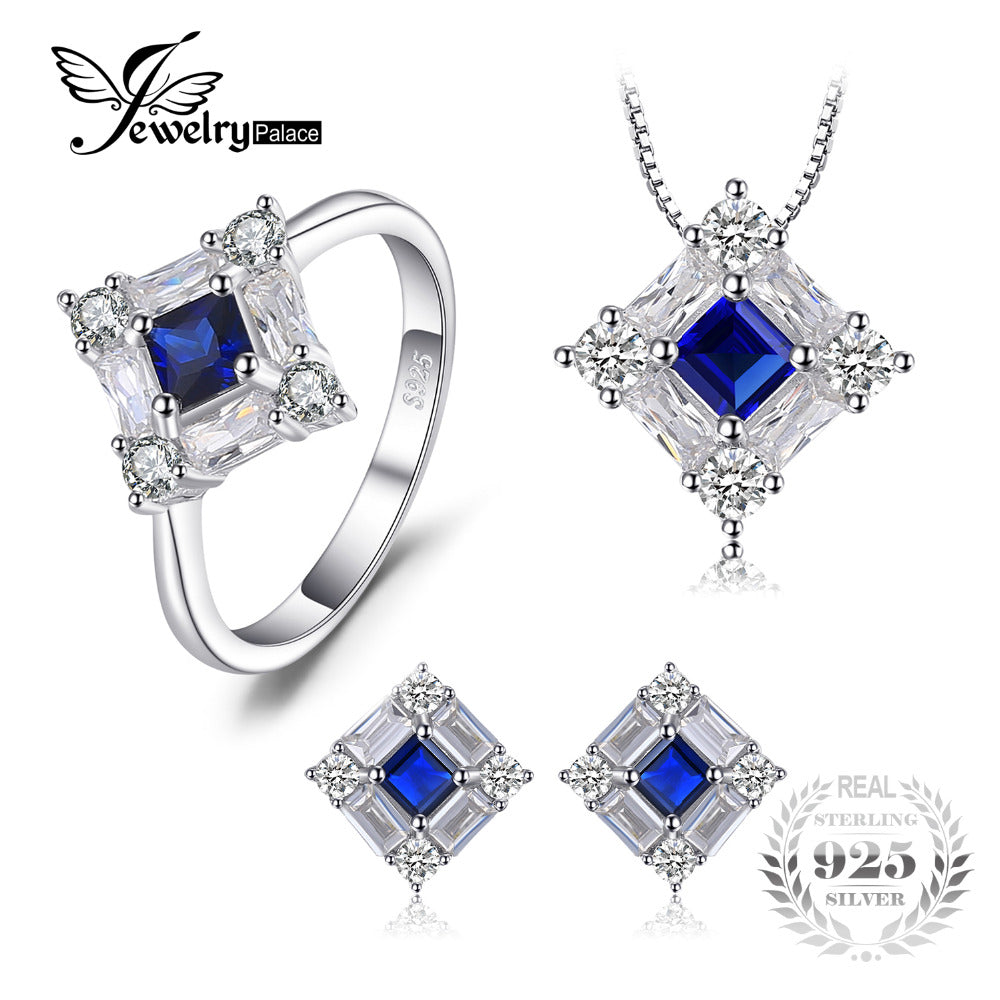 Octagonal 1.7ct Created Blue Sapphire Pendant Necklace Stud Earrings Ring 925 Sterling Silver Fine Jewelry Sets