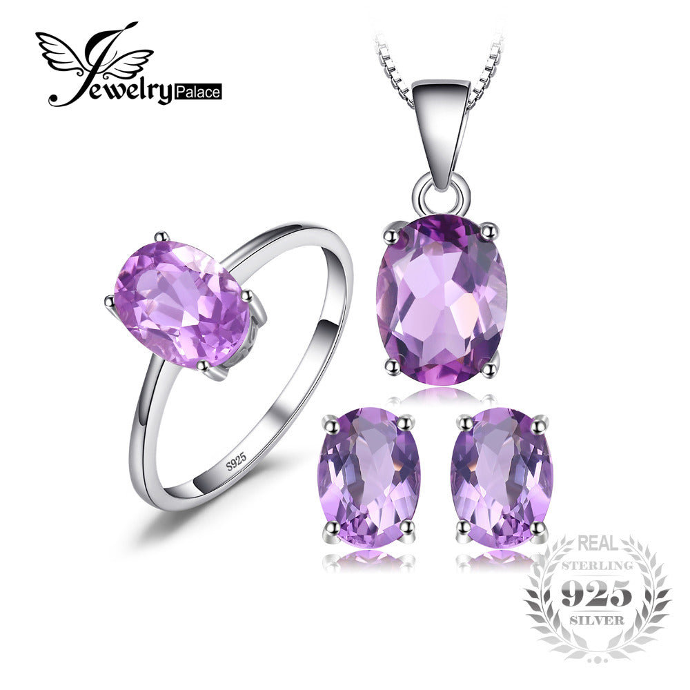Oval 4.2ct Natural Gemstone Amethyst Ring Earrings Pendant Necklace Jewelry Set 925 Sterling Silver Jewelry