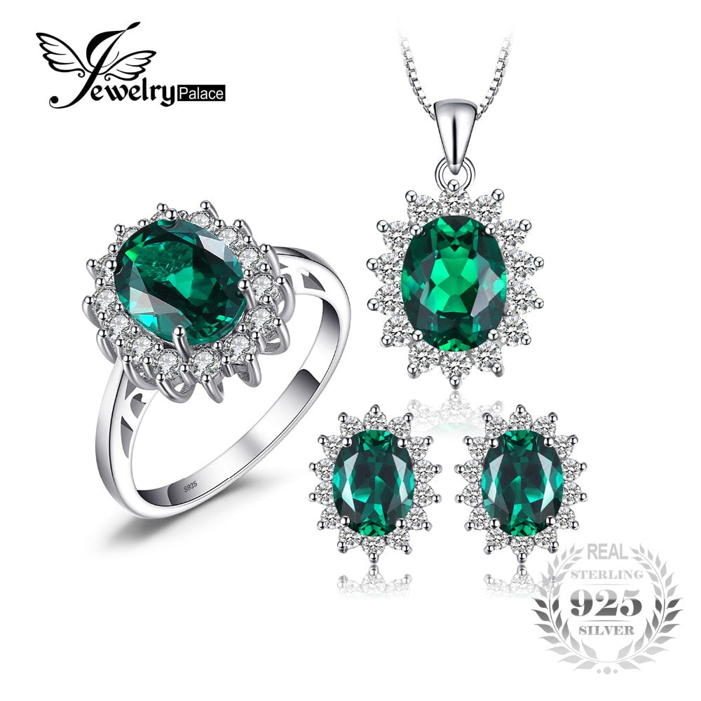 Princess Diana Jewelry Engagement Wedding Created Emerald Jewelry 925 Sterling Silver Ring Pendant Earring