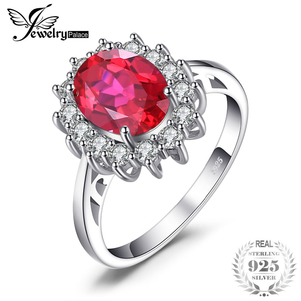 Princess Diana William Engagement Wedding Red Ruby Ring Set Pure Solid Genuine 925 Sterling Silver Jewelry