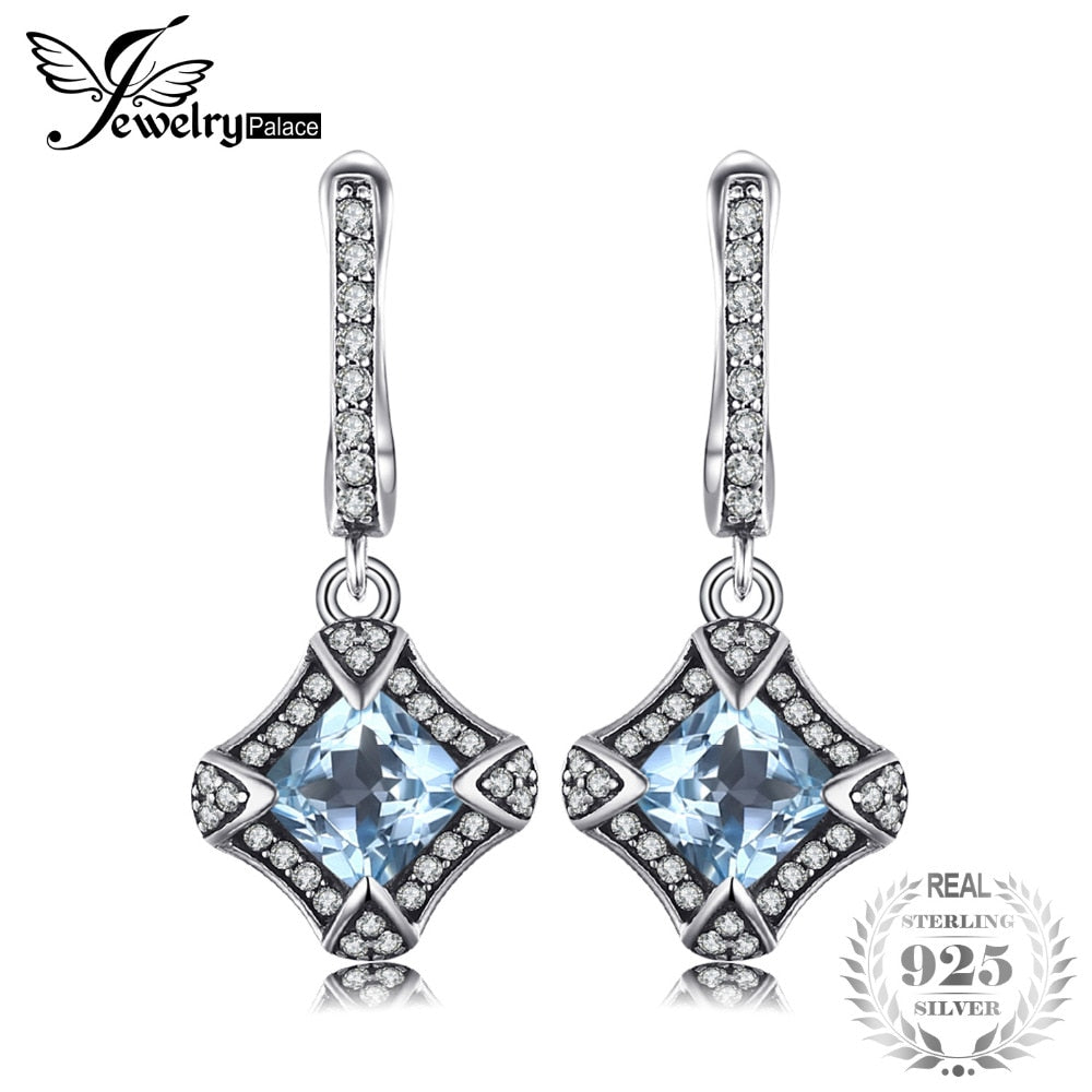 Retro 1.8ct Cushion Genuine Sky Blue Topaz Clip Earrings Real 925 Sterling Silver Woman Fine Charm Jewelry