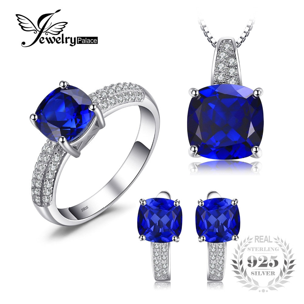 Square Shape Created Sapphire Ring Pendant Earring Clip Jewelry Set S925 Sterling Silver 925 Sterling Silver
