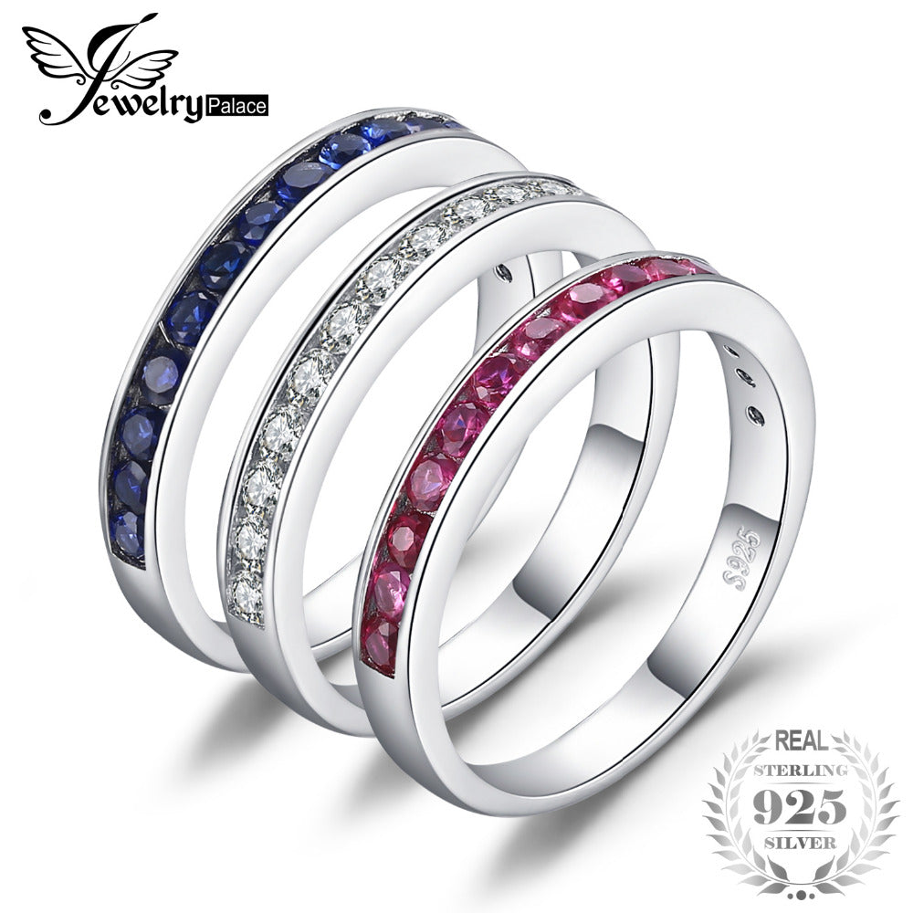 Three Stack 1.8ct Round Created Ruby Sapphire Cubic Zirconia Band Eternity Ring Set 925 Sterling Silver For Women