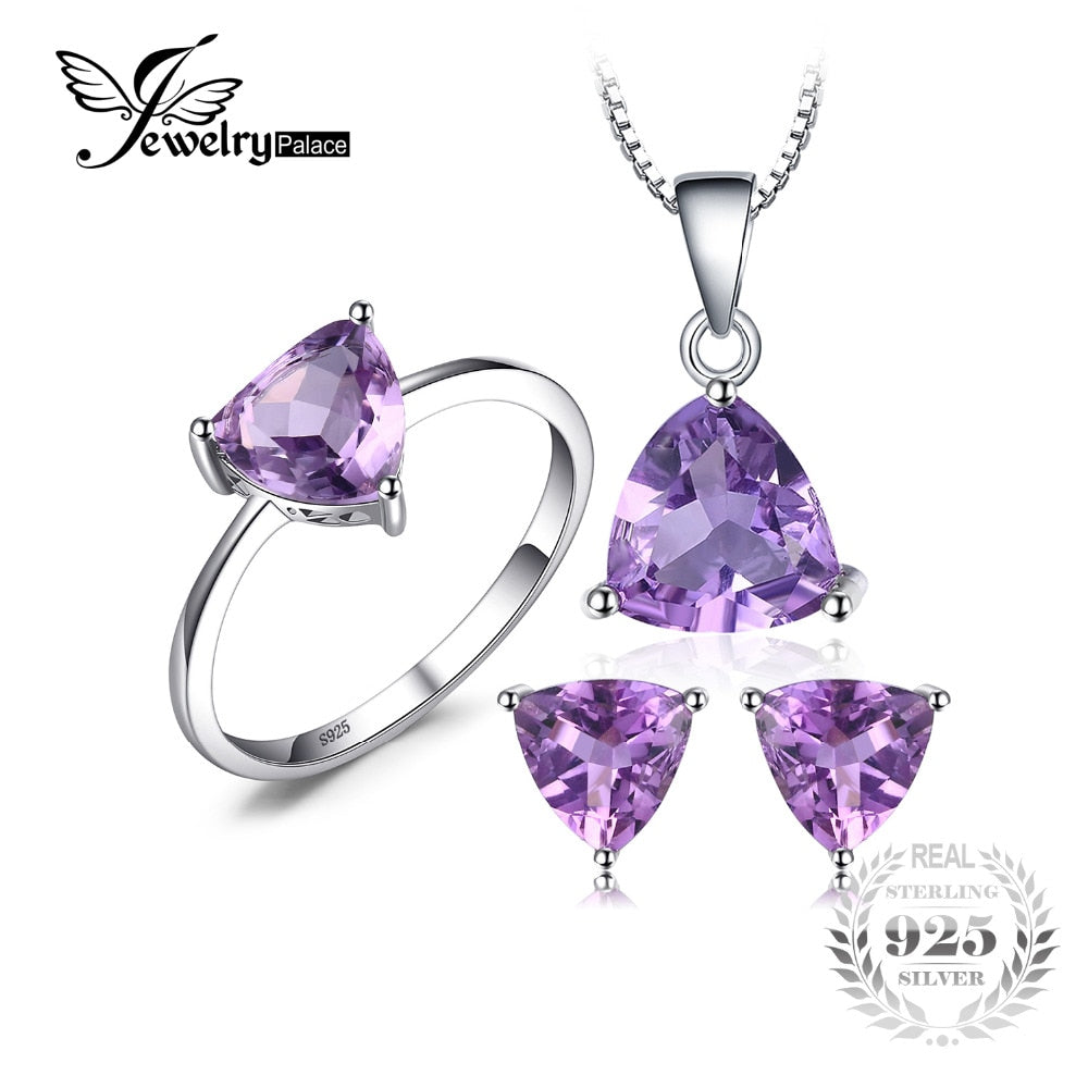 Trillion 4ct Natural Gemstone Amethyst Ring Earrings Pendant Necklace Jewelry Sets 925 Sterling Silver For Women