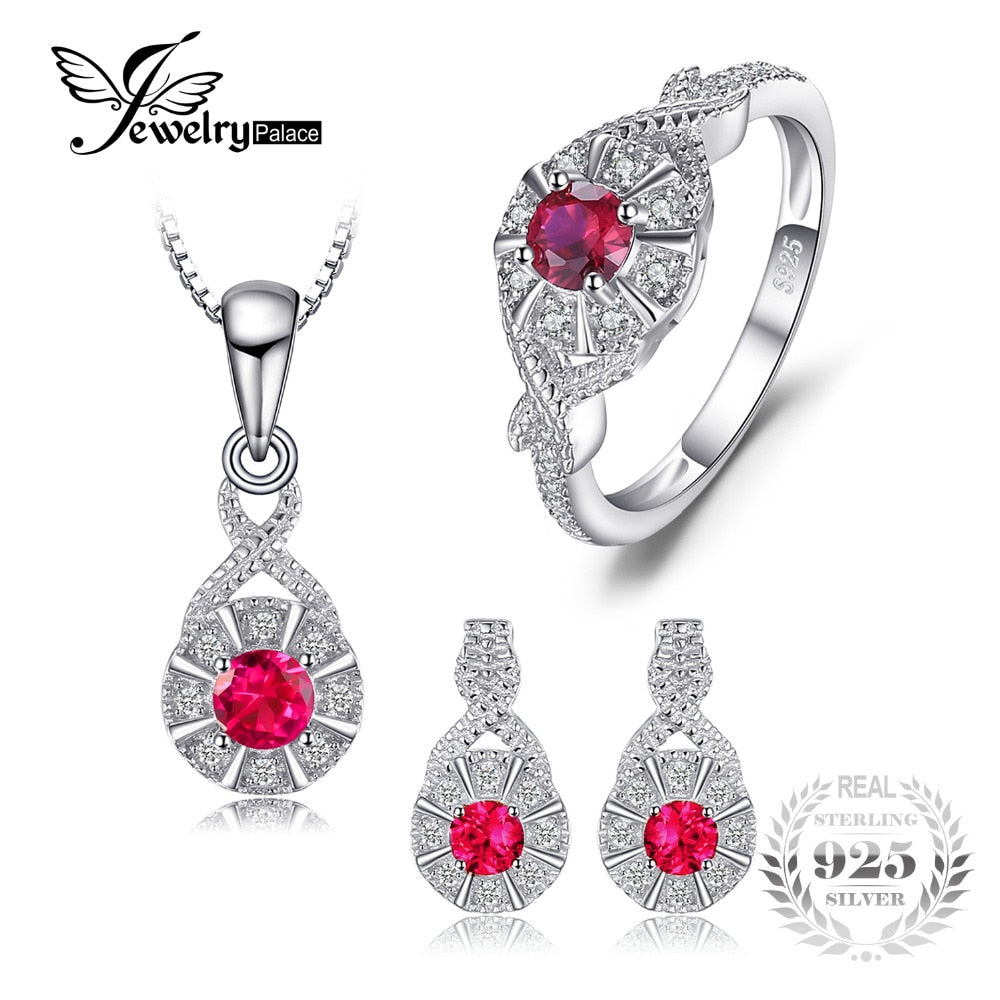 Vintage 1.2ct Created Ruby Halo Ring Pendant Necklace Stud Earrings Jewelry Sets 925 Sterling Silver Chain 45cm