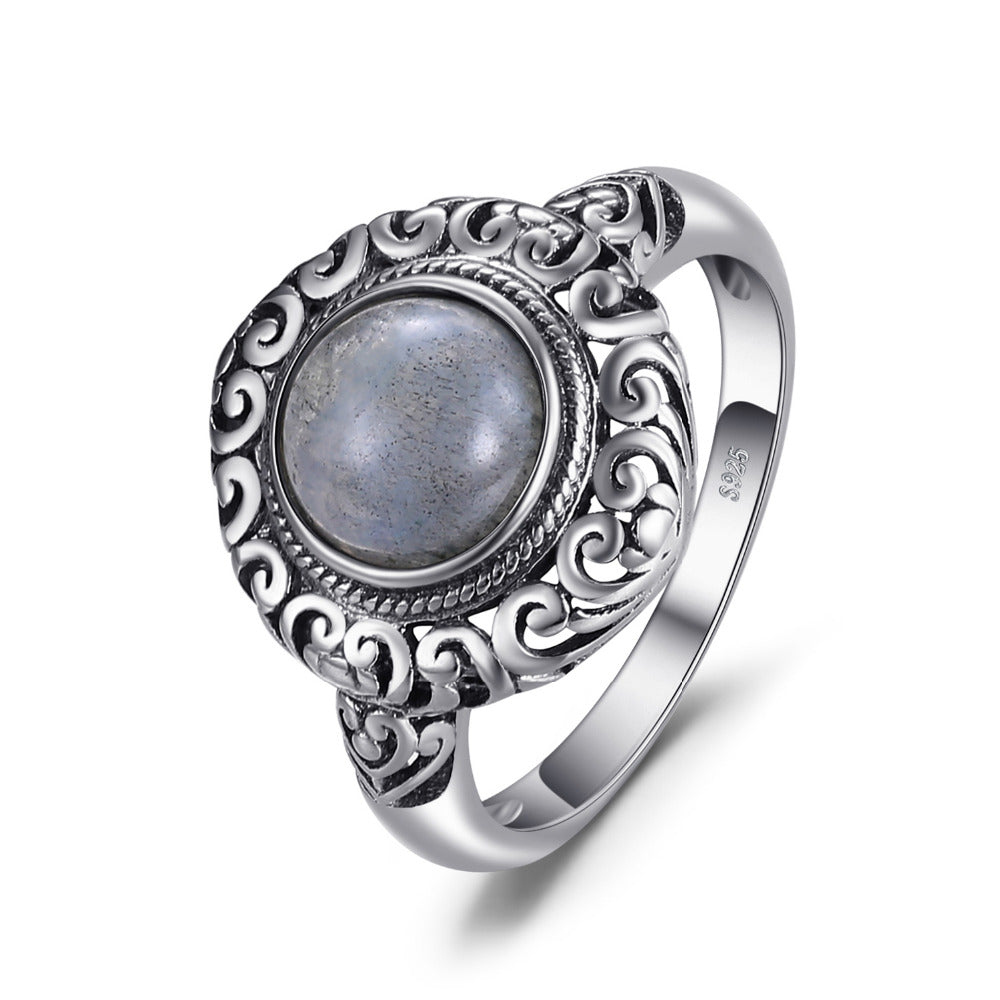 Vintage 1.8ct Genuine Labradorite Carved Solitaire Finger Ring 925 Sterling Silver Luxury Brand Nice Fine Jewelry