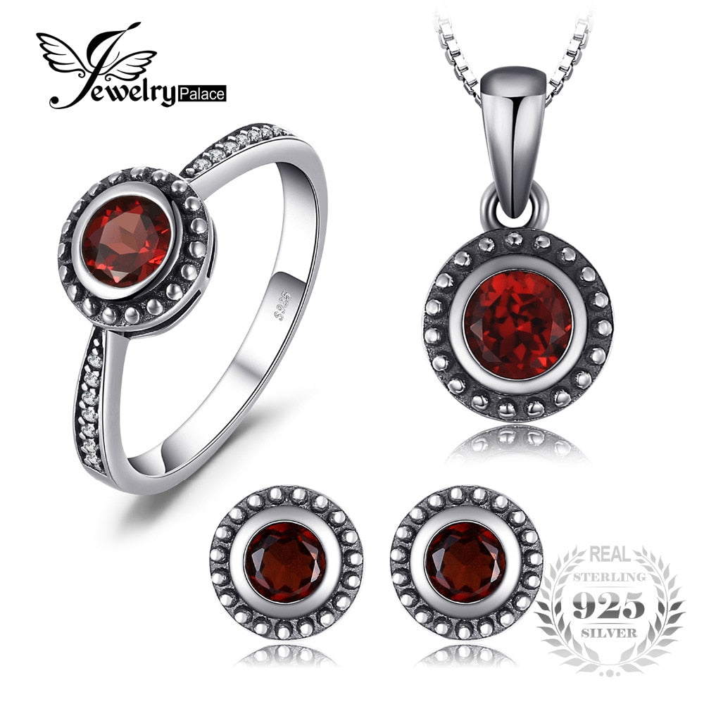 Vintage 1.8ct Natural Garnet Ring Stud Earrings Pendant Necklaces Chain 45cm 925 Sterling Silver Fine Jewelry Sets