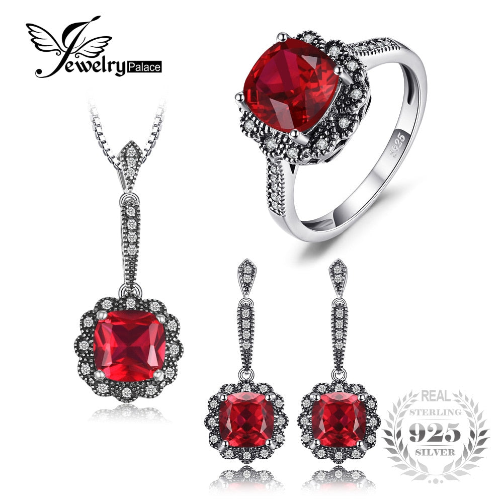 Vintage 11ct Created Ruby Ring Pendant Necklace Drop Earrings Fine Jewelry Sets 925 Sterling Silver 45cm Chain New