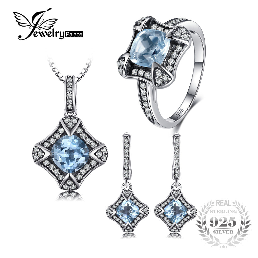 Vintage 5.8ct Genuine Sky Blue Topaz Dangle Earrings Pendant Necklace Ring Jewelry Sets 925 Sterling Silver Chain