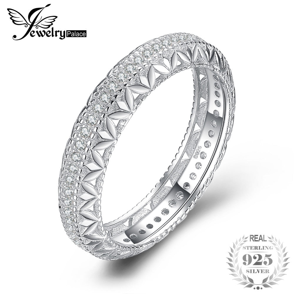 Vintage Hollow Flower Engraved Filigree Milgrain CZ Anniverasry Eternity Wedding Band 925 Sterling Silver Ring