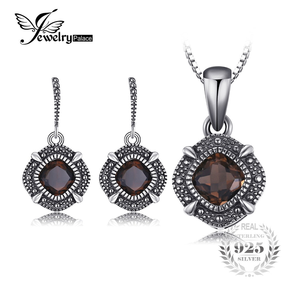 Vintage Jewelry Sets 1.4ct Genuine Smoky Quartz Dangle Earrings Pendant Necklace Women 925 Sterling Silver Jewelry