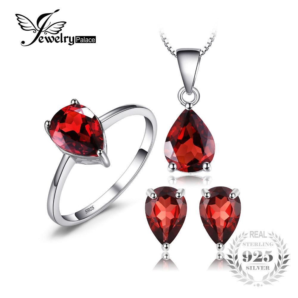 5.4ct Natural Garnet Ring Earring Pendant Necklace Jewelry Sets Genuine 925 Sterling Silver Fine Jewelry For Women