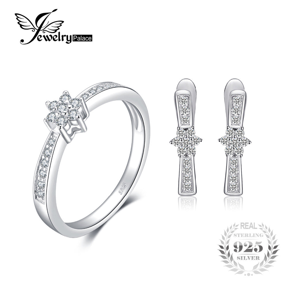925 Sterling Silver Flower Band Ring Earring Clip Jewelry Set Crystal Ring Earring Wedding Fine Jewelry For Women