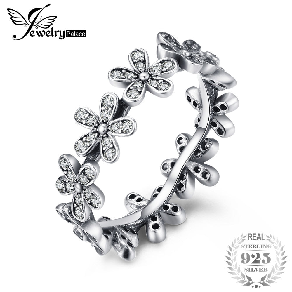 925 Sterling Silver Rings Band Daisy Flower Jungle Hoop Cubic Zirconia Ring Elegant Fashion Women Girls Gifts