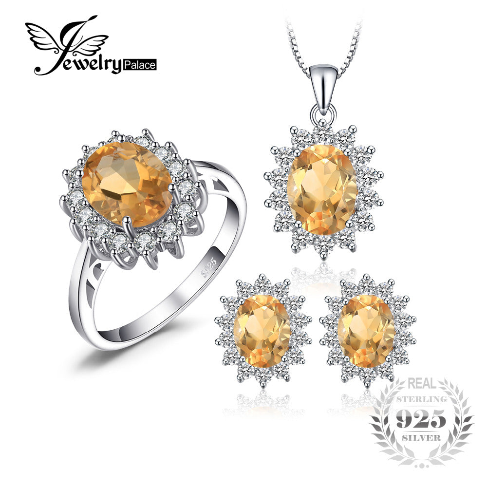 Diana Style Natural Citrine Ring Pendant Earring Jewelry Set Pure 925 Sterling Silver Fine Jewelry Set