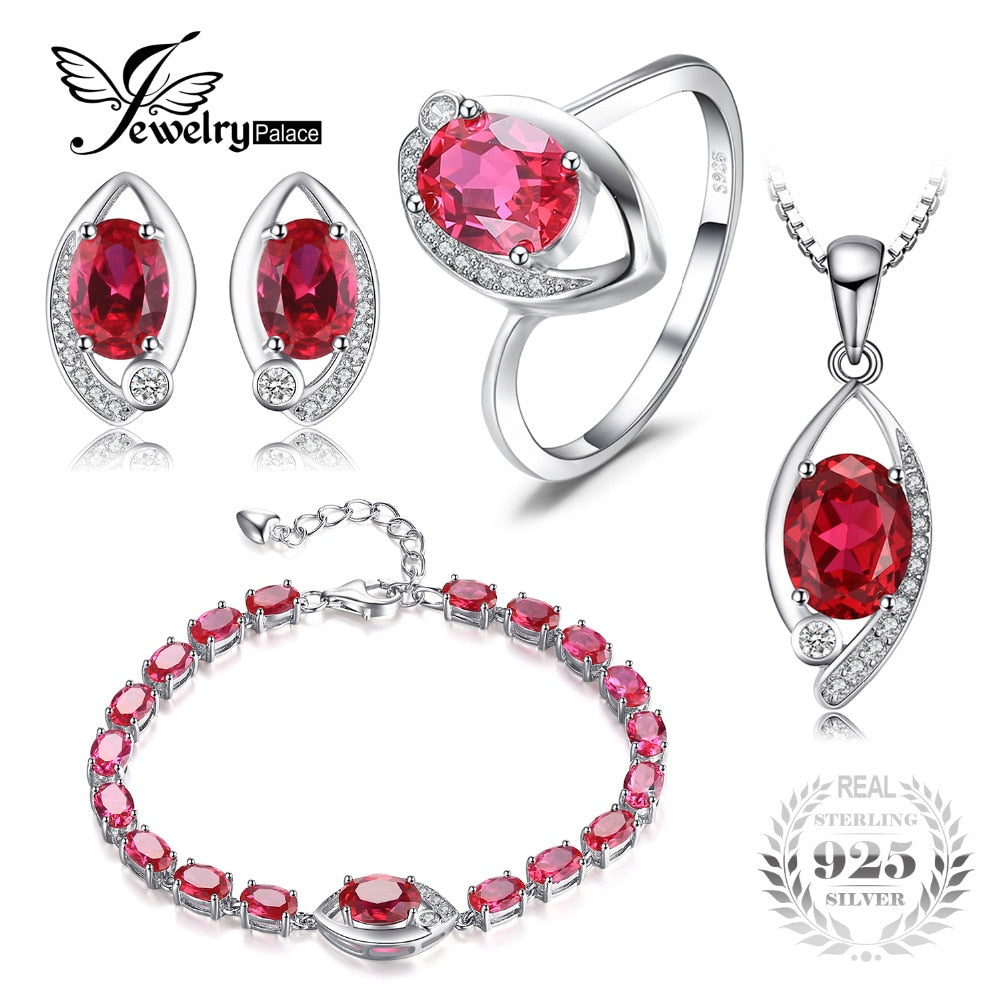 Eye Created Ruby Ring Stud Earring Bracelete Pendant Necklace 925 Sterling Silver Jewelry Sets Fine Jewelry