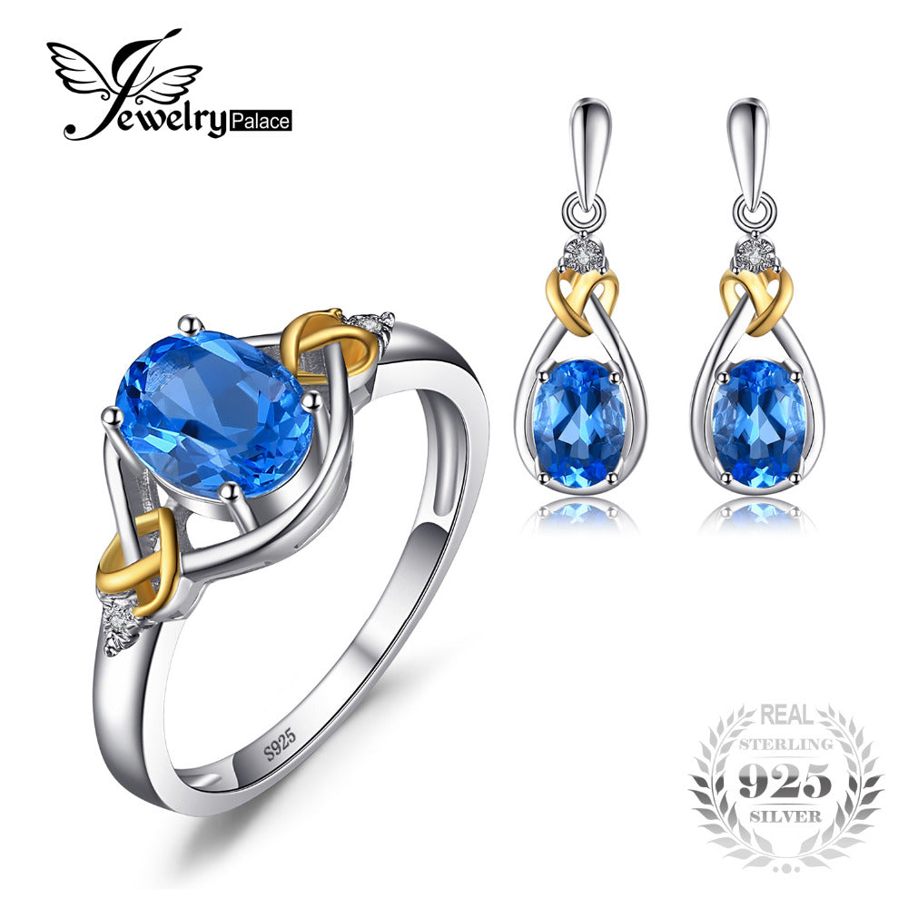 Love Knot 18K Gold Aside Natural Blue Topaz Diamond 925 Sterling Silver Jewelry Set Fine Jewelry Earring Ring