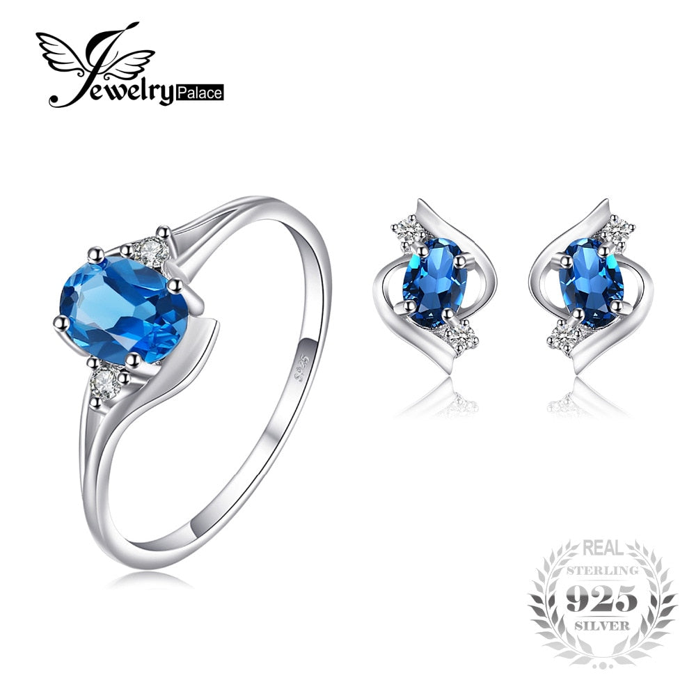 Natural Blue Topaz 925 Sterling Silver Jewelry Set Brand Fine Jewelry Ring Earring Stud Fashion Engagement Wedding