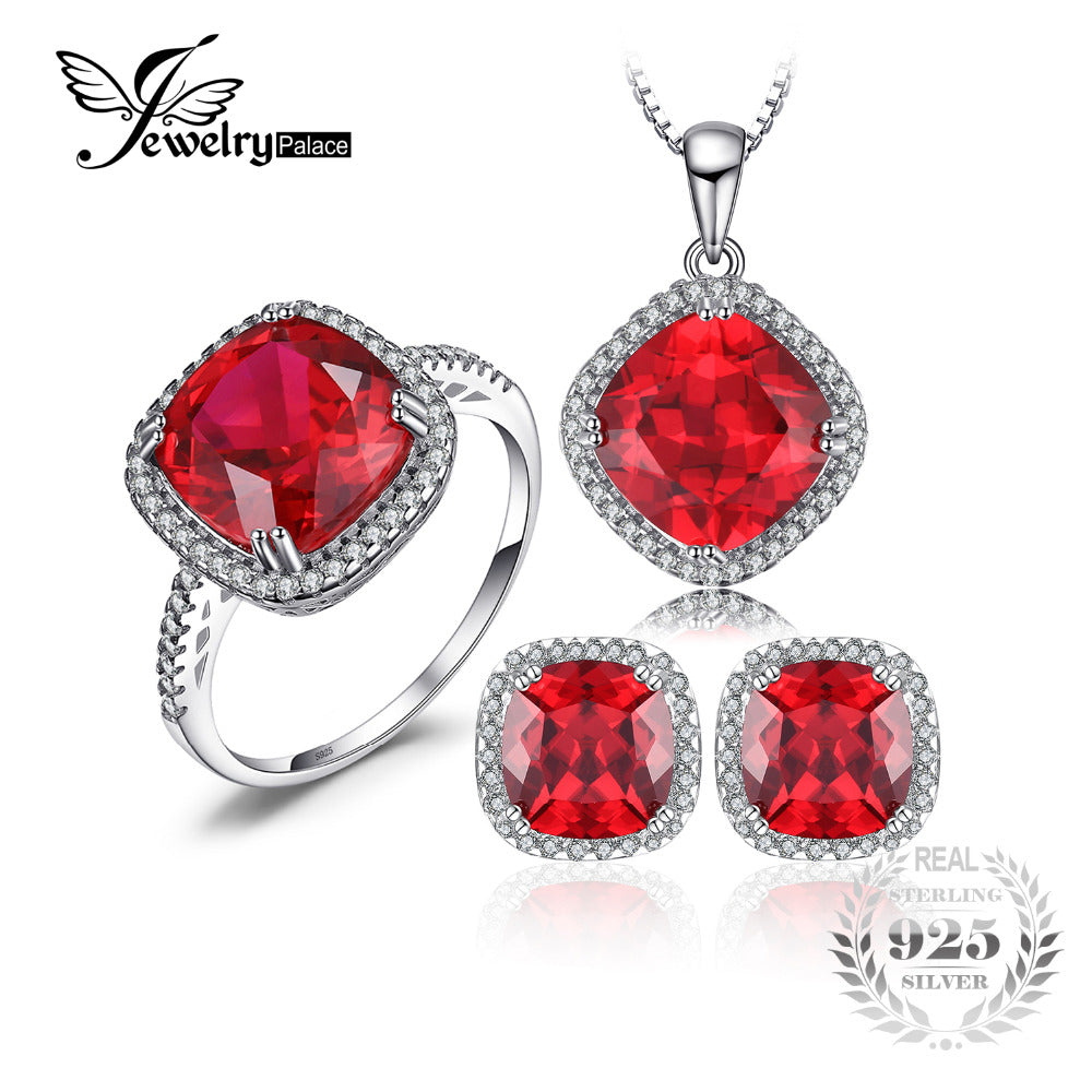 Pigeon Blood Created Ruby Pure 925 Sterling Silver Ring Necklace Pendant Earring Women Bridal Jewelry Set
