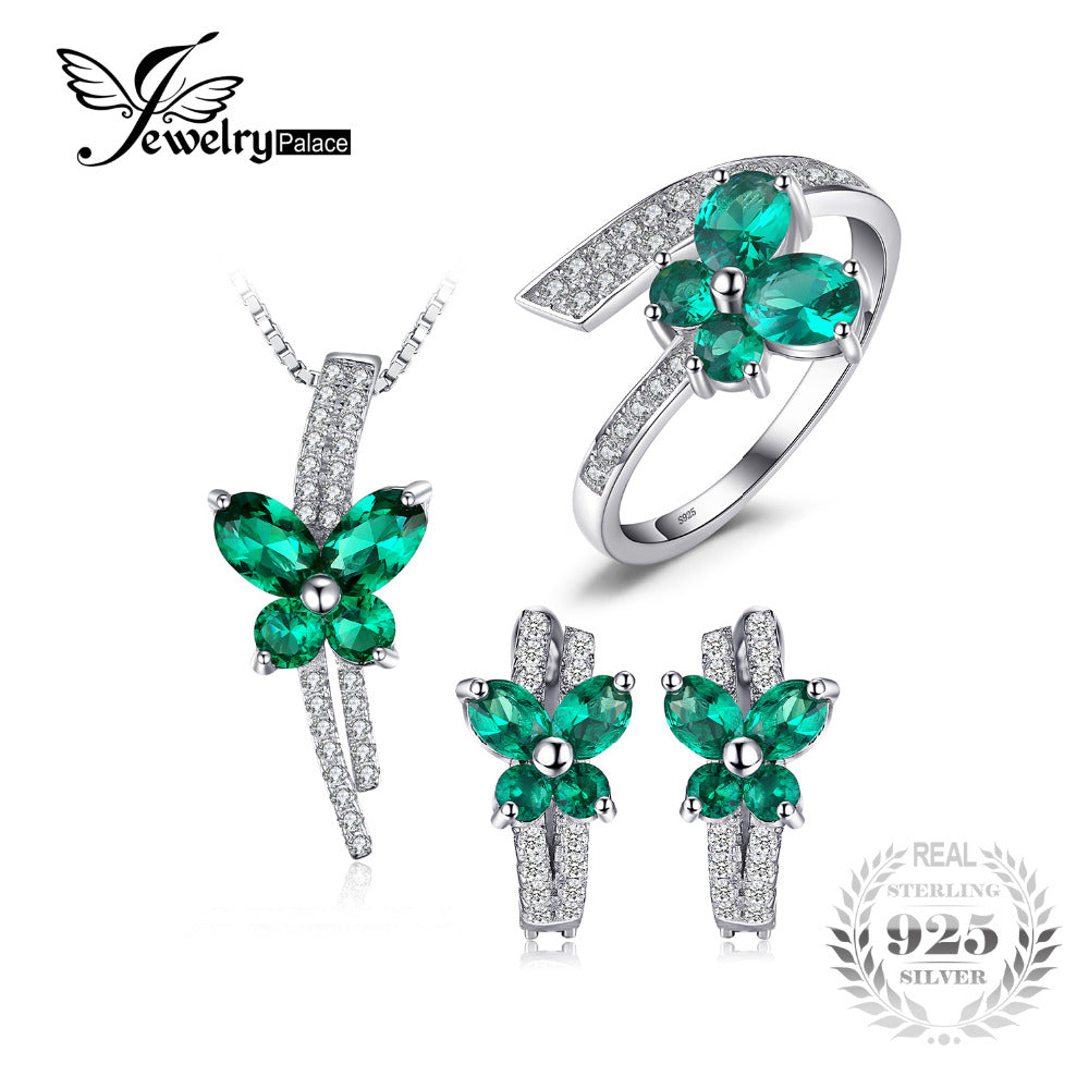 Jewepalace Butterfly Created Emerald Jewelry Set 925 Sterling Silver Ring Necklace Pendant Earring Clip Women Bridal Jewelry Set