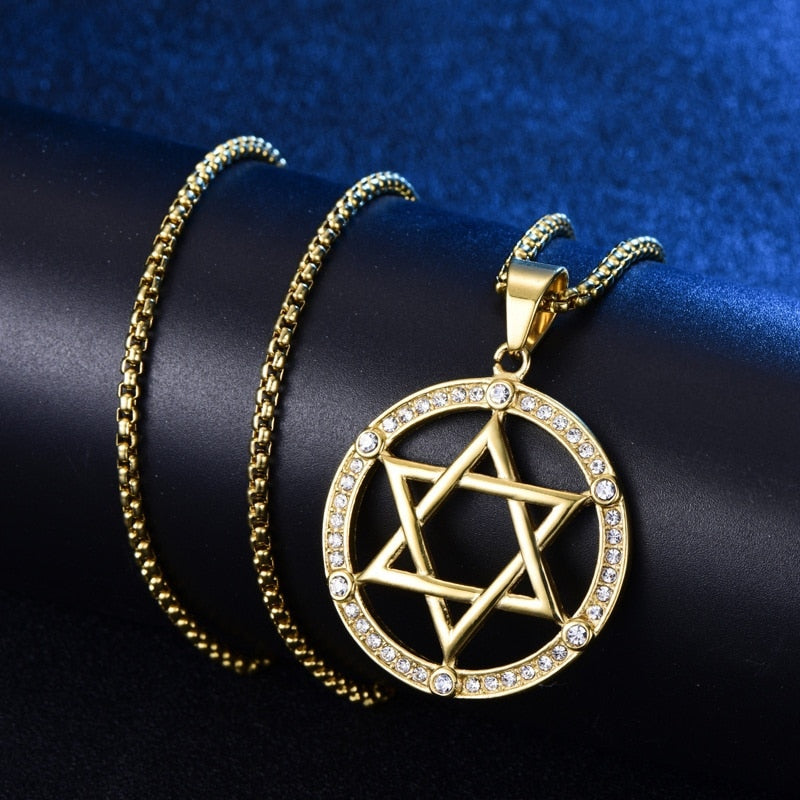 Jewish Six-Pointed Star Round Hollow Pendant Necklace with Crystal Hip-Hop Star of David Religious Jewelry Neck Pendants Women