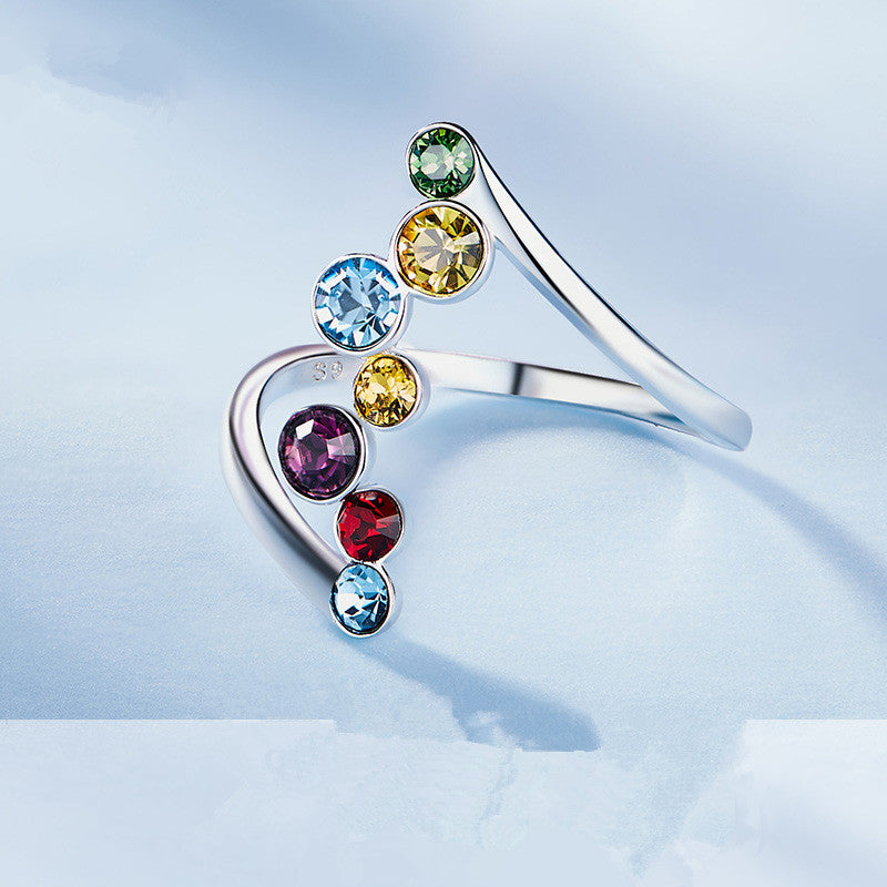 Round Colorful Crystal Wedding Rings for Happy Women 925 Sterling Silver Rainbow Crystal Ladies Finger Accessories Ring