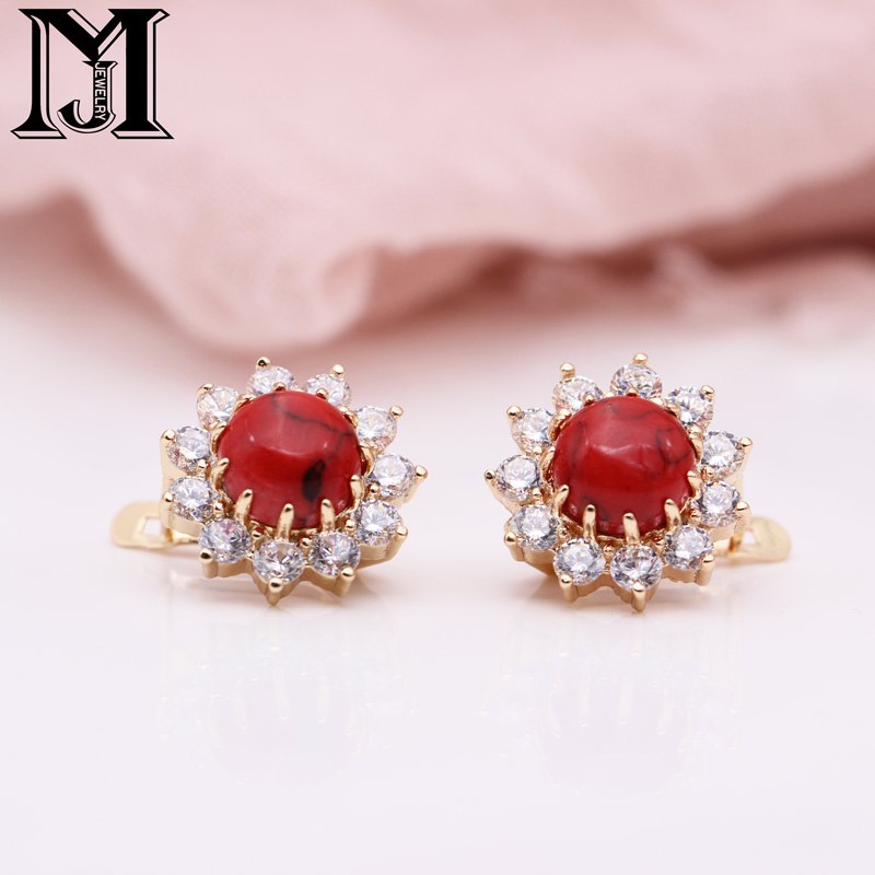 JiaMu hot Arrivals Women Multicolor India Wedding Jewelry Sunflower Onyx Natural Stone Earrings 585 Rose Gold Dangle Earrings