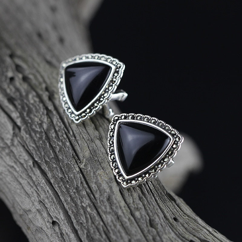 Jimei silver silver   925 sterling silver jewelry silver Retro Black Onyx female buckle ear cut shipping