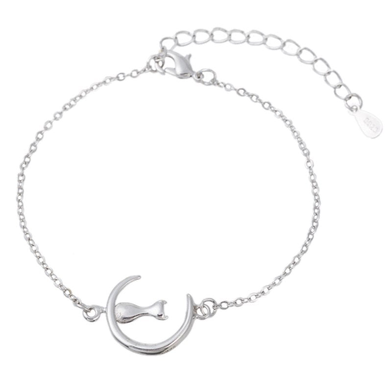925 Sterling Silver Cat Bracelets & Bangle Charm Cat in the Moon Cuff Bracelets for Women Jewelry Gift pulseras bileklik