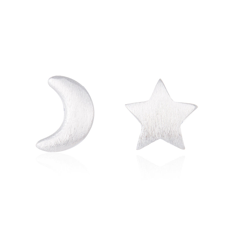 925 Sterling Silver Matte Stars and Moon Stud Earrings for Women Girl Asymmetric Stud Earrings Fashion Jewelry Gift