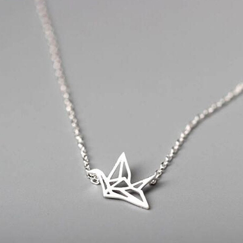 925 Sterling Silver Origami Crane Long Chain Pendant Necklaces for Women Tiny Animal Necklaces Wedding Gift collares