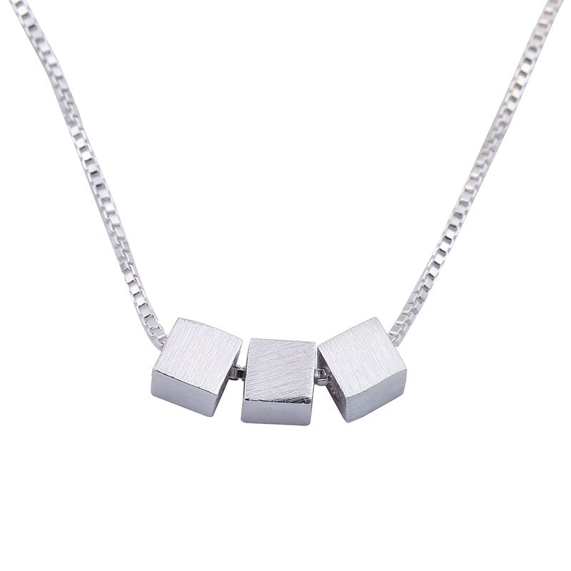 925 Sterling Silver Square Cube Necklaces & Pendants for Girls Fashion Long Chain Necklace Women Jewelry Collar Colar