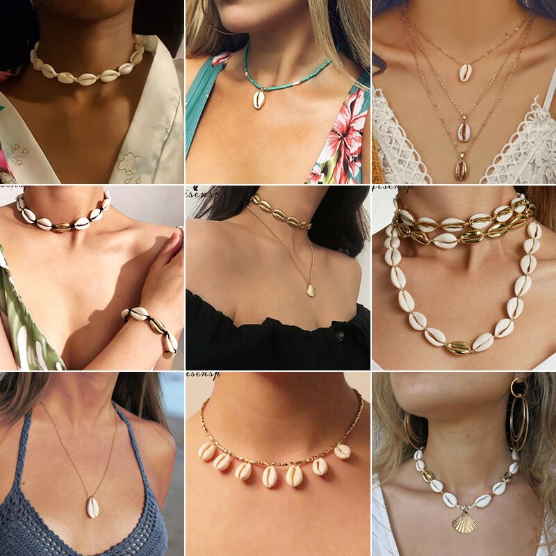 Jisensp Hawaiian White Black Rope Chain Necklace for Women Vintage Handmade Shell Clavicle Necklaces Beach Jewelry Gift