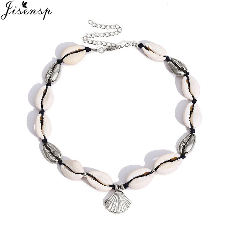 Jisensp Hawaiian White Black Rope Chain Necklace for Women Vintage Handmade Shell Clavicle Necklaces Beach Jewelry Gift