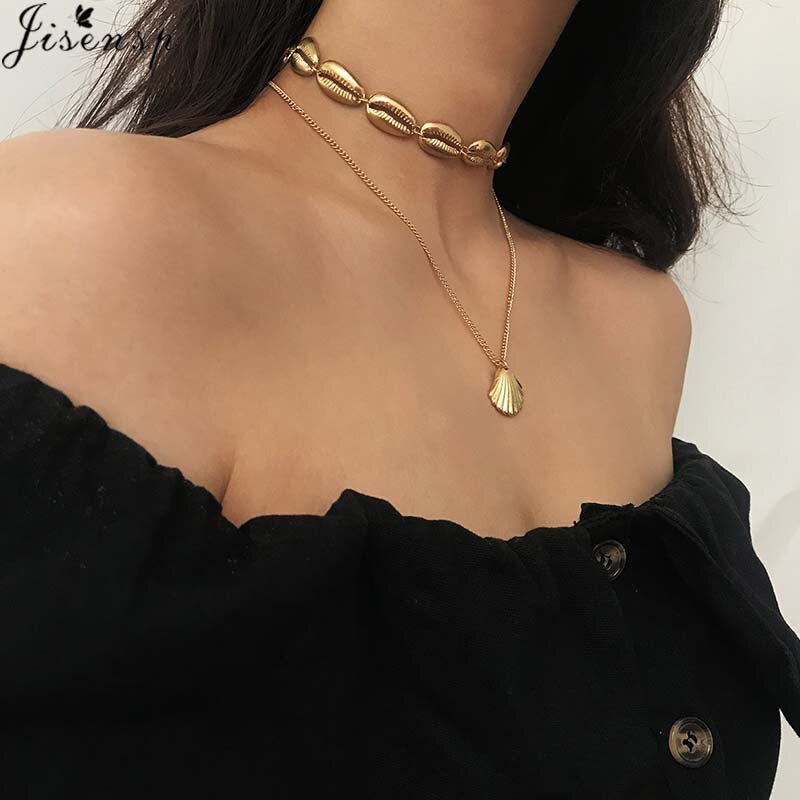 Jisensp Hawaiian White Black Rope Chain Necklace for Women Vintage Handmade Shell Clavicle Necklaces Beach Jewelry Gift