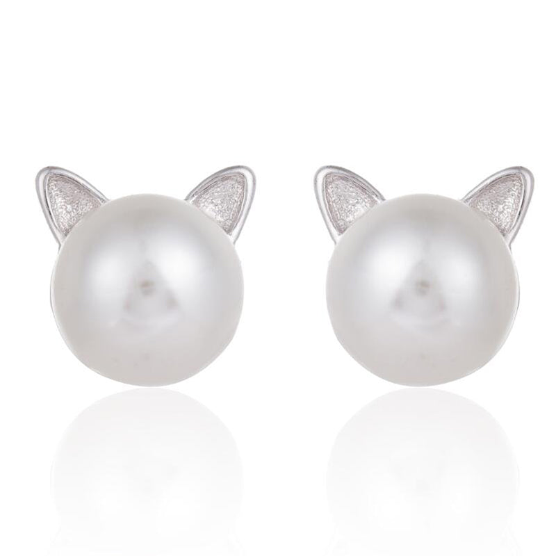 Korean Style Cat Earrings 925 Sterling Silver Simple Simulated Pearl Stud Earrings for Women Party Statement Earrings