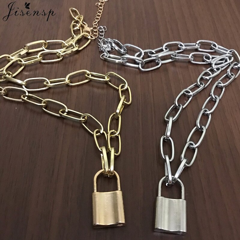 Jisensp Lock Pendants Punk Necklaces for Women Men Exaggeration Personality Thick Chain Padlock Necklace Gothic Collier Femme